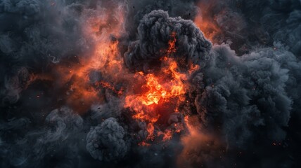 Delve into the heart of a fiery inferno with this mesmerizing image of a large fireball surrounded by billowing black smoke