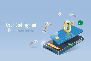 Online shopping and credit card payment with secure service. Credit card with 0% interest fee in online shopping smartphone app. Financial and banking technology. 3D vector.	
