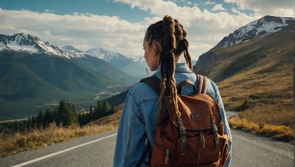 A young happy European woman with a tourist backpack stands on top of a rock in the mountains, travels and enjoys a beautiful view of the mountains,. Untouched nature. Tourism and travel. 