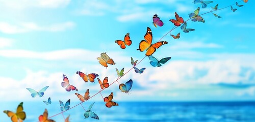 An abstract, digital art piece featuring a graph line made of fluttering, colorful butterflies ascending against a serene, sky blue background, symbolizing growth through transformation and change. 