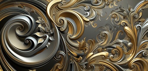 An abstract, metallic gold and silver pattern swirling across a fancy, black canvas, the intricate details shimmering and creating a dynamic contrast that symbolizes opulence and artistry. 