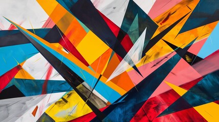 An abstract painting where bold, geometric shapes collide and overlap in a riot of color, each edge and line sharp and deliberate, creating a visual spectacle .