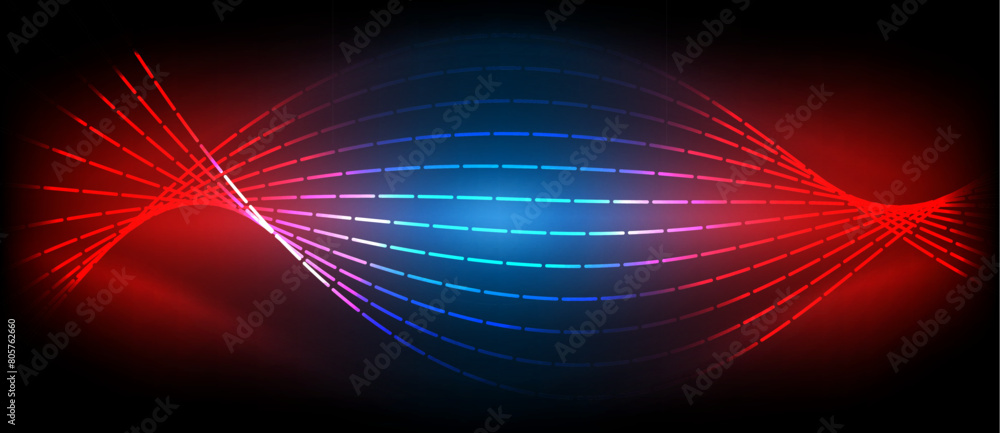 Poster an electrifying visual effect lighting display of neon purple, magenta, and electric blue waves on a