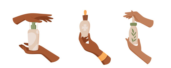 Hand holds antiaging moisturizing hygiene pack set, colorful organic cosmetic oil jar, isolated eco hair care product bottle, flat trendy skincare cream tube, vector illustration.