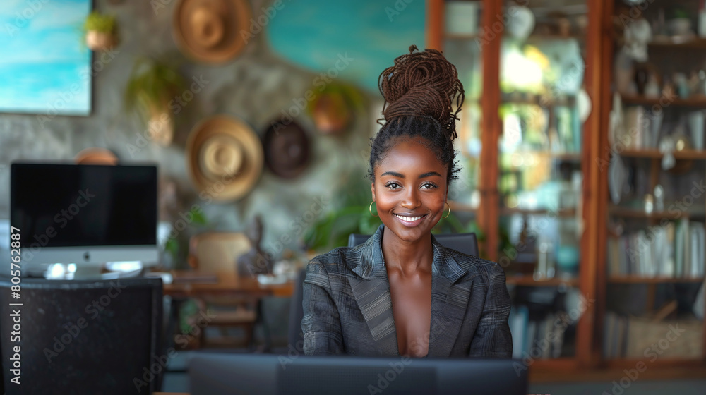 Wall mural An african woman working on laptop in office.