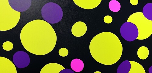 An abstract pattern of oversized, neon yellow and bright purple polka dots, clashing vibrantly...