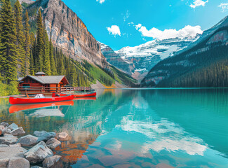 A stunning landscape of Lake louise in Canada with its turquoise waters, canoes and forested mountains
