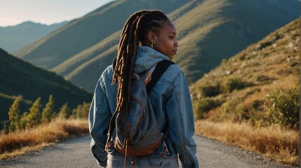 Naklejka premium Young positive African American woman with a tourist backpack stands on top of a rock in the mountains, travels and enjoys a beautiful view of the mountains. Untouched nature. Tourism and travel. 