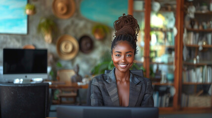 Fototapeta premium An african woman working on laptop in office.