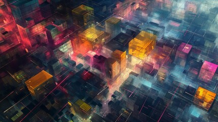 An abstract representation of a city at night, with blocks of color suggesting buildings and streaks of light mimicking the bustling streets, combining to form a vibrant, urban tapestry. 