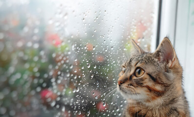 窓ガラス越しに梅雨の雨空を見つめるかわいいマンチカン
