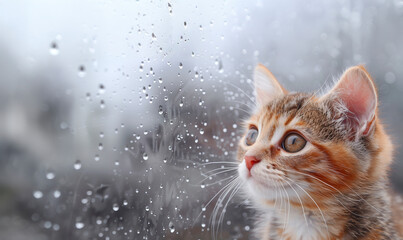 窓ガラス越しに梅雨の雨空を見つめるかわいいマンチカン
