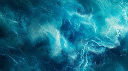 An abstract seascape, where shades of deep blue and turquoise crash against each other like waves, highlighted by streaks of white foam, creating a dynamic and refreshing background. 