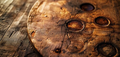 An aged, rustic wooden table surface, its history told through the myriad of dark coffee ring stains, each telling a story of mornings past, against a soft, morning light backdrop.