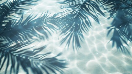 Delve into the tranquility of a white sand beach with this mesmerizing top view of water surface and tropical leaf shadow