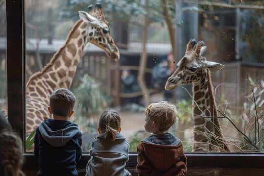 City Zoo Visit: A family with children visiting a city zoo, dressed in comfortable clothing, exploring and learning about wildlife in an urban setting.