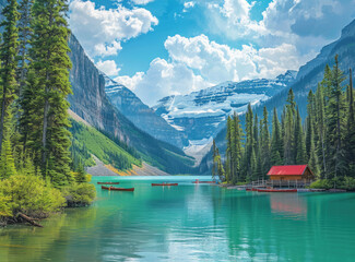 A stunning landscape of Lake louise in Canada with its turquoise waters, canoes and forested...