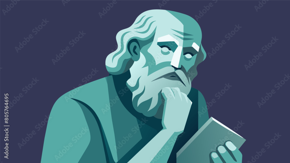 Poster a stone statue of a philosopher with a furrowed brow deep in thought with a book clutched in his han