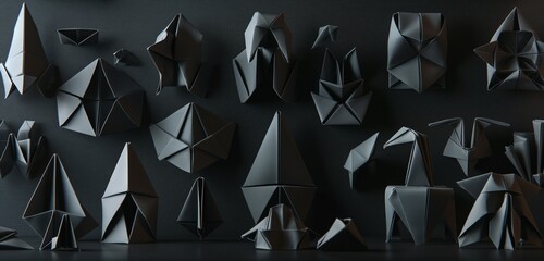 An array of delicate, black origami figures, each meticulously folded, arrayed against a rich, dark background, showcasing the art of paper folding in a sophisticated, monochromatic display. 