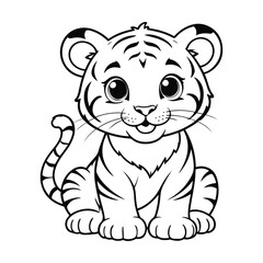 Hand sketch baby tiger happily sitting line art vector illustration