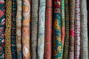 Textured surface of vintage fabric swatches, showcasing retro patterns and tactile textures. Vintage fabric swatch textures offer a nostalgic and tactile backdrop