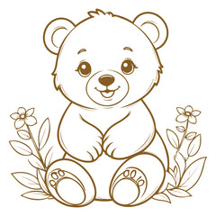 Cute Baby Bear sitting beside flowers line art vector illustration