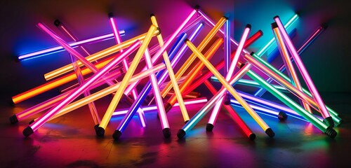 An array of multicolored, neon light tubes arranged in a haphazard, yet visually captivating...
