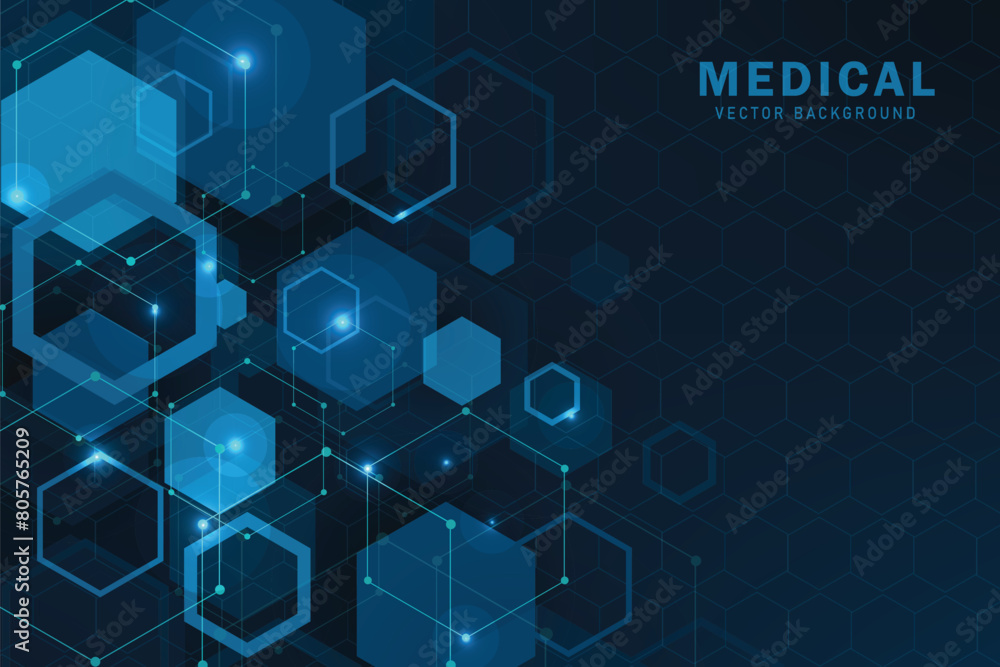 Poster geometric abstract background with blue hexagons. structure molecule and communication. science, tec