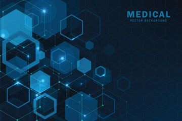 Geometric abstract background with blue hexagons. Structure molecule and communication. Science, technology and medical concept