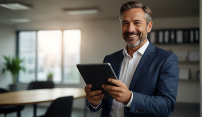 Smiling busy mid age Latin business man manager using tablet computer, happy hispanic businessman executive looking at tab device analyzing finance trading market data 