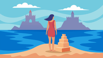 A woman stands on a beach her feet grounded in the sand as she builds a fortress of inner peace to shield her from the crashing waves of emotion.. Vector illustration