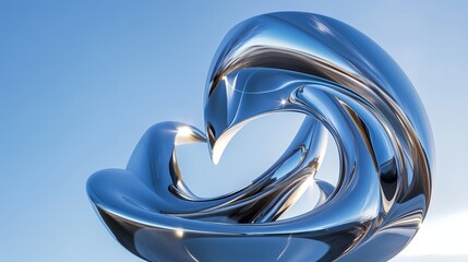 An artistic, abstract sculpture crafted from polished metal, its reflective surfaces creating dynamic shadows and highlights against a solid, sky blue studio background.