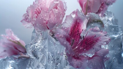 the world of abstract expressionism with frozen flowers encased in ice, water, and milk, their organic forms transformed into a captivating display of artistic beauty