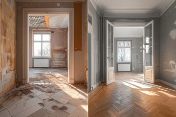Comparison of old flat with underfloor heating pipes and new renovated apartment with doors, mirror and gray walls. Photo collage of apartment hallway and bedroom before and after restoration