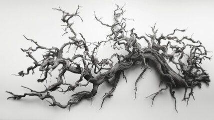 An artistic wall background showcasing an oversized, monochrome photograph of an ancient, gnarled tree, its branches sprawling across a stark white backdrop, merging nature with minimalist art.