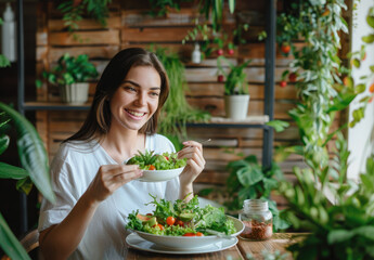 A young woman is sitting at a table eating salad, smiling happily with her eyes closed in front of you
