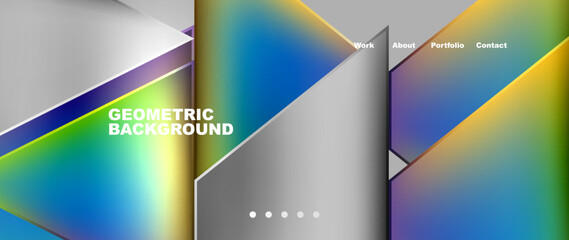 A vibrant geometric background with a rainbow of colors including electric blue, violet, and magenta. The pattern features rectangles, triangles, and a futuristic technologyinspired design