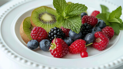 Kiwi and berries It was placed on a white plate.