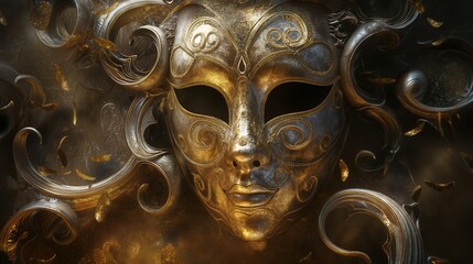 An elaborate, Venetian mask adorned with swirls and flourishes in metallic gold paint, set against a dark, mysterious background, evoking the grandeur and mystery of a masquerade ball. 