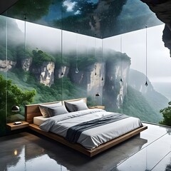 A modern bedroom with glass wall showing the cliff panoramic view outside