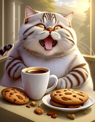 Fat cat wear suit happy business headphones drink coffe and cafe delicious food cookies cake snack wallpaper 3D design for T shirt
