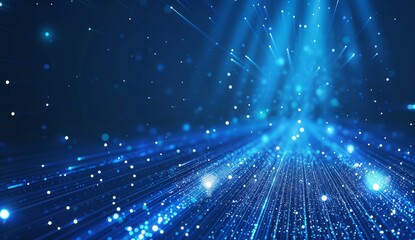 Blue technology background with light rays and glow on dark blue, futuristic illustration of digital glowing lines