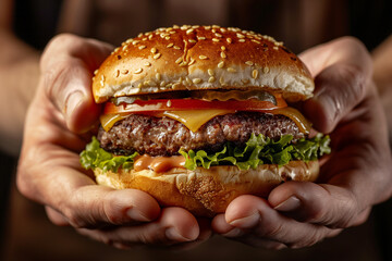 A person is holding a large hamburger with lettuce and tomato. The burger is topped with ketchup...