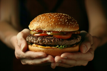 A person is holding a large hamburger with lettuce and tomato. The burger is topped with ketchup...