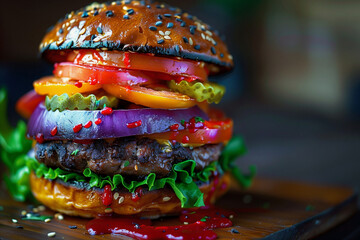 A large hamburger with a lot of toppings, including tomatoes, onions, and pickles