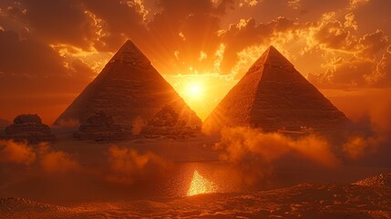 The sun setting behind the pyramids of Giza, a timeless moment in Egypt, breathtaking