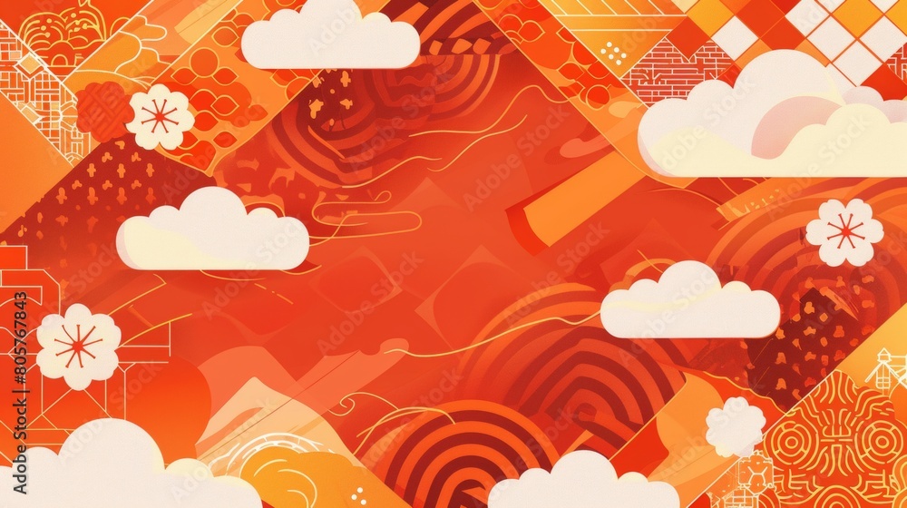 Poster a background of an orange checkered pattern with japanese patterns and clouds in the style of a flat