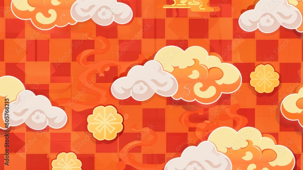 Poster a background of an orange checkered pattern with japanese patterns and clouds in the style of a flat