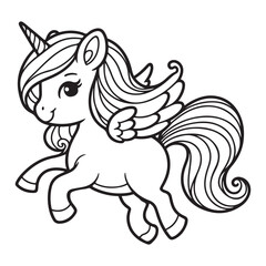 Line art of unicorn cartoon flying with the wings vector