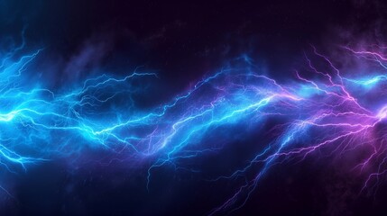 An electric blue and vibrant purple lightning storm, frozen in time against a dark, stormy sky,...